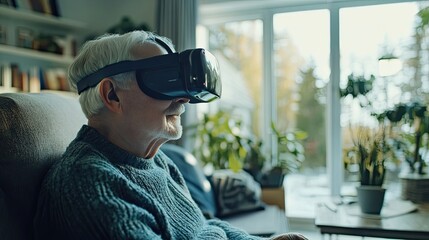 Senior Man Experiencing Virtual Reality Indoors