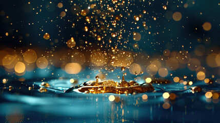 Obraz premium Liquid gold texture with soft ripples and shimmering droplets creates mesmerizing visual effect. interplay of light and water evokes sense of tranquility and beauty