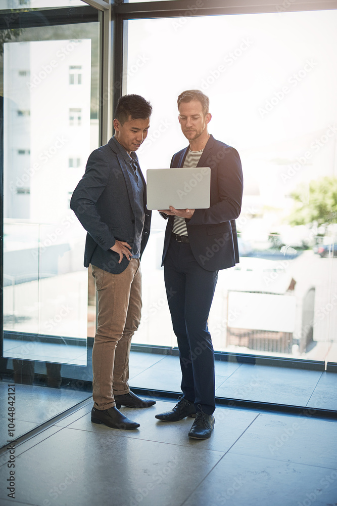 Poster office building, window and business people with laptop in discussion for research, feedback or advi