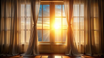 Silhouette windows with curtains letting in sunlight