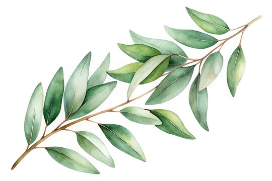 watercolor green leaves on branch, white background