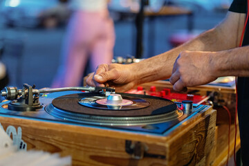 DJ Vinyl Turntable Close Up, Professional Music Equipment, Hands on Record Player Vintage Setup