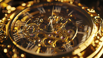 close up of golden pocket watch showcasing intricate details and craftsmanship. watch features ornate designs, sparkling jewels, and classic aesthetic that evokes sense of timeless elegance