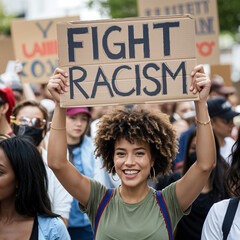 Diverse Group Holding 'Fight Racism' Sign at Protest