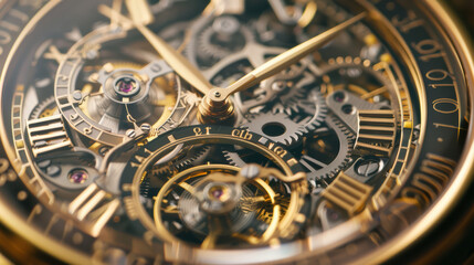 detailed shot of gold plated watch face showcasing intricate gears and mechanisms, highlighting craftsmanship and elegance of timekeeping
