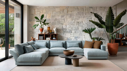 modern living room featuring pastel blue sectional sofa, complemented by stone wall and various indoor plants. space exudes calm and inviting atmosphere