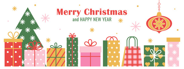 Merry Christmas and Happy New Year colorful horizontal banner or greeting card. Christmas background with tree, gifts boxes, toys. Xmas design for print, postcard, cover, template, poster, invitations