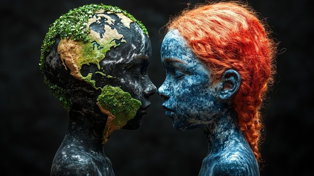 Symbolic representation of a young Adam and Eve at a critical juncture for humanity amidst global warming, climate change, and the threat of extinction