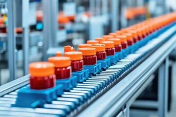 Obraz premium Closeup of products moving seamlessly through an automated conveyor system, ultrarealistic detail of machinery and highefficiency production process