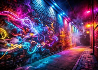 Fototapeta premium Neon Light Rays on a Brick Wall with Smoke | Atmospheric Neon Art | Urban Scene | Moody Ambience | Documentary Photography
