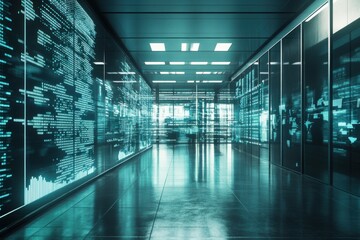 Futuristic stock exchange system with digital data displays in modern office corridor