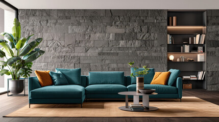 modern living room featuring pastel turquoise sofa with grey stone walls, complemented by stylish coffee table and vibrant indoor plants, creating serene atmosphere