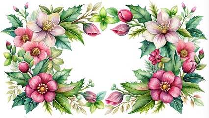 watercolor floral frame with symmetrical hellebores and holly
