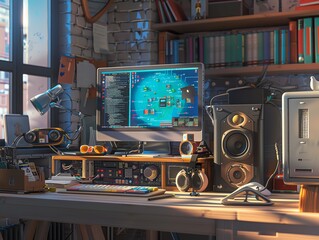 A 3D render of a desk with a desktop computer and various gadgets