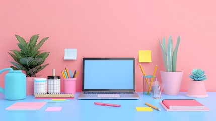 A 3D render of a desk with a laptop, sticky notes, and a pen holder