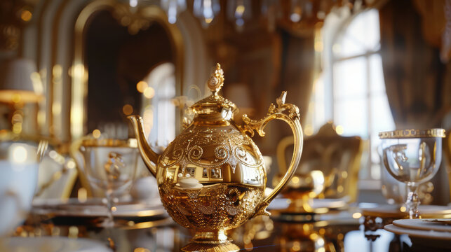 luxurious gold teapot with ornate details, reflecting opulent surroundings, is elegantly placed on beautifully set table. intricate design adds touch of sophistication to dining experience