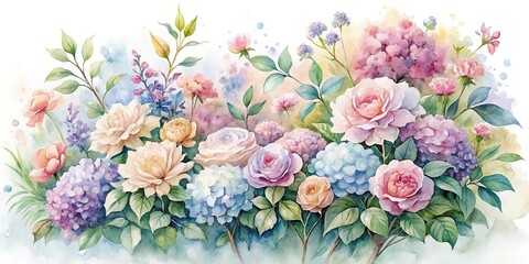 Watercolor flower bush painted in pastel colors on a tilted angle