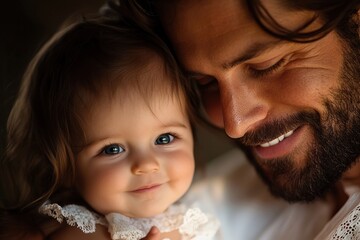 A father with a beard holds his baby close, sharing a warm and tender moment, both smiling with joy, highlighting their deep connection and love.