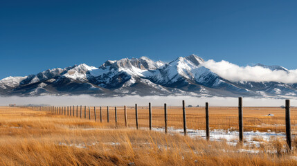 Majestic snow capped mountains rise against clear blue sky, framed by golden grasslands and rustic fence. serene landscape evokes sense of tranquility and natural beauty