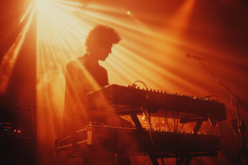 Rock band performing on stage in vintage photography style. Generative AI image