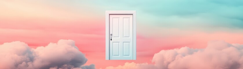 A surreal door floating in a colorful sky, symbolizing new beginnings and endless possibilities in a dreamlike setting.