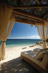Obraz premium Tropical beachfront view from a cozy cabana with ocean waves and clear sky.