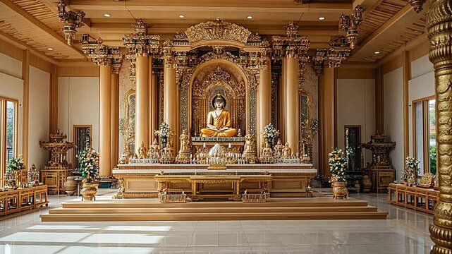 A serene temple interior featuring a large Buddha statue and ornate decorations footage