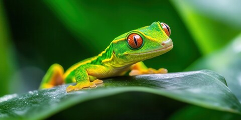 Obraz premium Gecko on a tropical leaf, vibrant green and yellow colors, rainforest background, focus on reptilian beauty