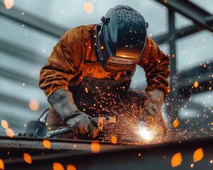 A skilled welder working on a complex steel structure, intense concentration in their posture, skilled welder, engineering skill