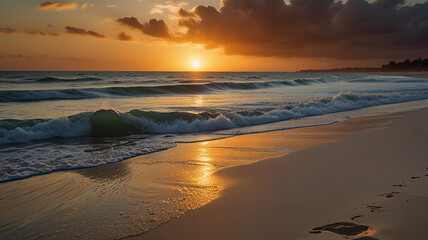 Obraz premium Serene Sunset Over Sandy Beach and Gentle Waves in Cuba