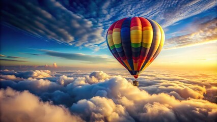 Obraz premium Watercolor hot air balloon floating above clouds in wide-angle view