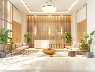 A 3D render of an office lobby with a reception desk and seating area