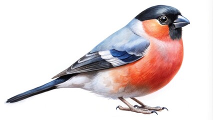 Fototapeta premium Watercolor illustration of a cute bullfinch bird isolated on white background Macro