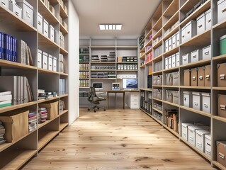A 3D render of an office supply closet with shelves full of items