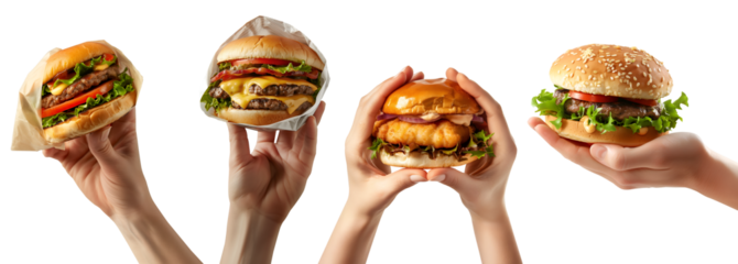 Collection of hand holding burger, cheeseburger, hamburger, fish fillet, meat, chicken, beef flavour on transparent cutout, PNG. Many different flavour and pose. Mockup template for design