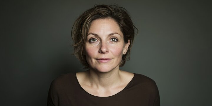 Woman with short brown hair and a smile on her face. She is wearing no clothes. Concept of confidence and happiness. woman with a happy stunned look on her face, short brown hair, no make up