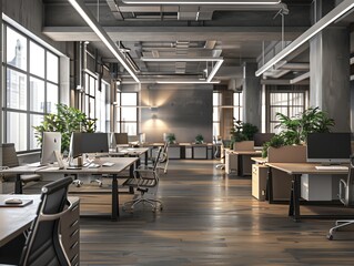 A 3D render of an office with multiple workstations and computers