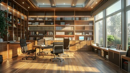 A 3D render of an office with large bookshelves and storage units