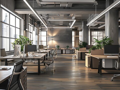 A 3D render of an office with multiple workstations and computers