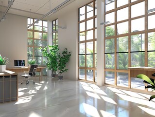 A 3D render of an office with large windows and natural light