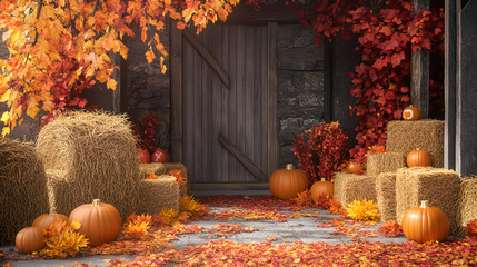 An autumn-themed harvest storage area decorated with hay bales, pumpkins, and colorful leaves for Thanksgiving.