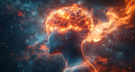 A hyper-realistic digital art piece featuring a glowing brain and neural pathways, perfect for mindfulness, relaxation, and guided meditation promotions.