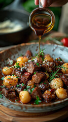 Vertical view of a chef plating Beef Bourguignon with Gnocchi in a cozy Italian kitchen, artfully garnished with Parmesan cheese and a drizzle of olive oil, ready to serve.