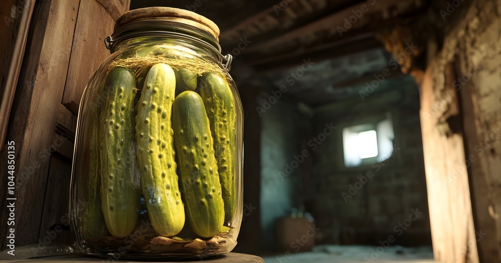 Wall mural glass jar filled with pickled cucumbers in a rustic setting