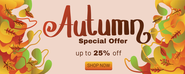 Fall Promotion Banner with Liquid Abstract Background and Leaf Details. concept of autumn special offer with abstract background banner template vector illustration