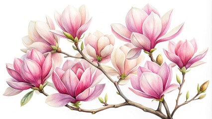 Watercolor illustration of magnolia flowers with forced perspective