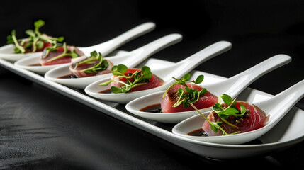 Elegant presentation of tuna tataki in ceramic spoons with yuzu kosho and microgreens, set against a minimalist black backdrop