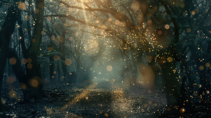 Fototapeta premium trail of golden dust leads into dark, mysterious forest, illuminated by soft rays of light filtering through trees. enchanting atmosphere evokes sense of wonder and magic