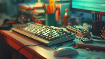 A closeup view of a desk with a keyboard, mouse, and phone