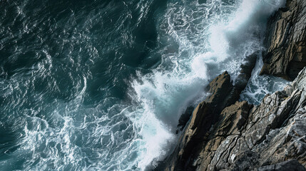 ocean wave crashes powerfully against rocky cliffs, creating stunning display of natures force and beauty. contrast between deep blue water and rugged rocks evokes sense of awe and tranquility